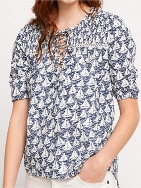 DEBY DEBO Melodie Sailboat Print Hi-Lo Cotton Top S | Nautical Lace-Up Blouse